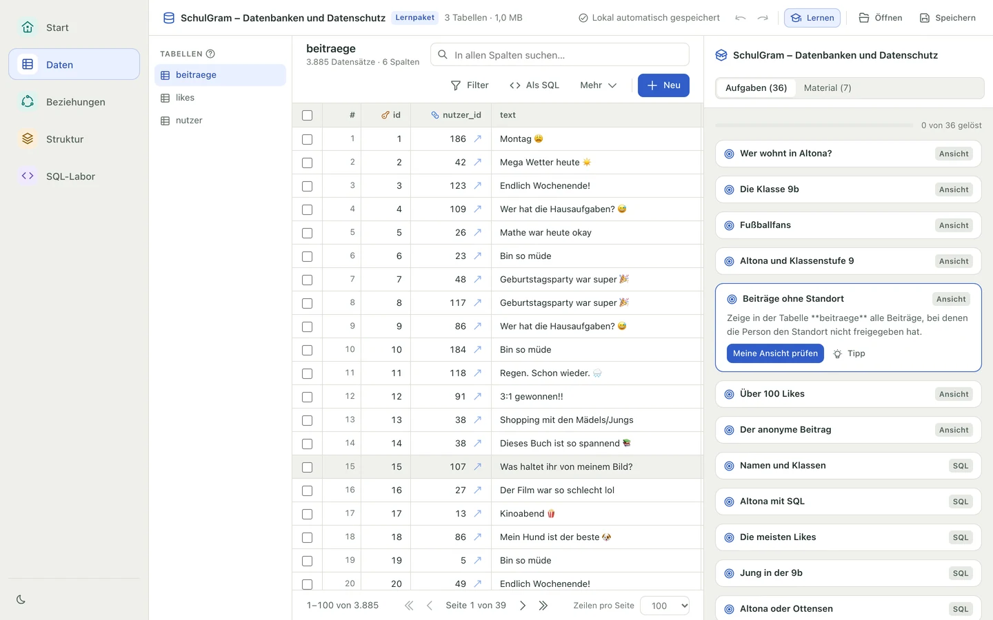SQLab mit dem Lernpaket SchulGram – Datenbanken und Datenschutz. Helles Design.