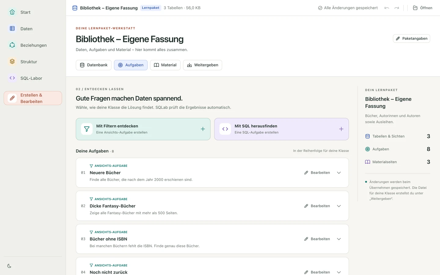 SQLab Lehrer mit Aufgabenwerkstatt für ein eigenes Bibliothek-Lernpaket. Helles Design.